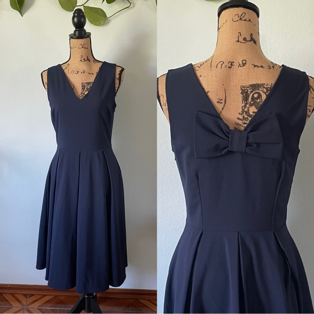 CORA Navy Midi dress with bow. 1960s mod retro vintage style dress with pockets